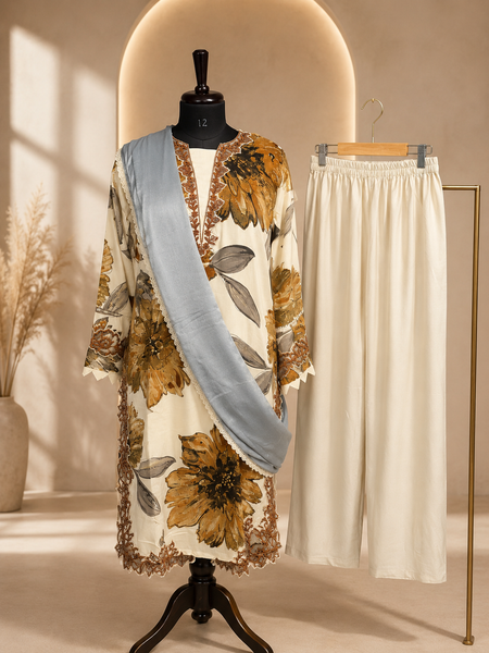 JORIXO Celestia Floral Cream Palazzo Suit Set
