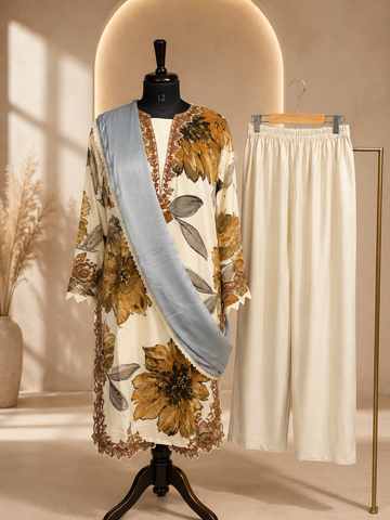JORIXO Celestia Floral Cream Palazzo Suit Set