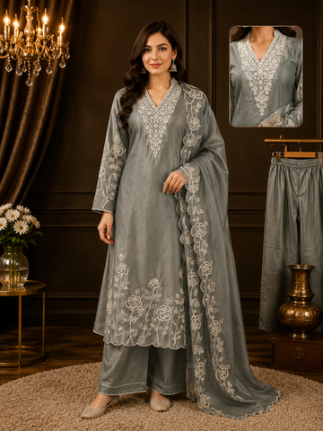 JORIXO Zayra Slate Grey Floral Embroidered Kurta Palazzo Set With Dupatta
