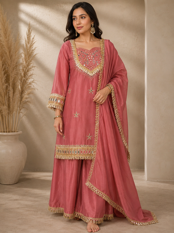 JORIXO Roselle Rose Mirror Work Palazzo Suit Set