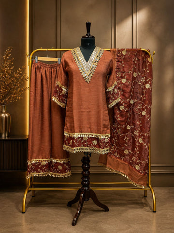 Women’s Premium Embroidered Rust Wine Ethnic Suit Set with Dupatta