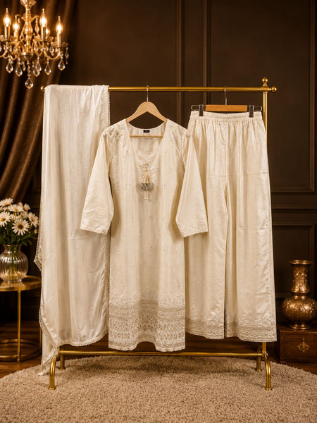 JORIXO Nooré Ivory Embroidered Kurta Palazzo Set With Dupatta