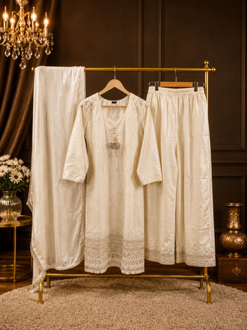 JORIXO Nooré Ivory Embroidered Kurta Palazzo Set With Dupatta